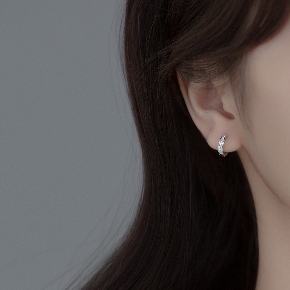 CZ Small Silver Hoop Earrings for Women Men - Picture 3 of 3